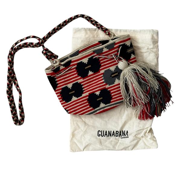 Guanabana Handmade Woven Crossbody Bucket Bag Red Geometric Tassel Boho Chic Art - Picture 2 of 8